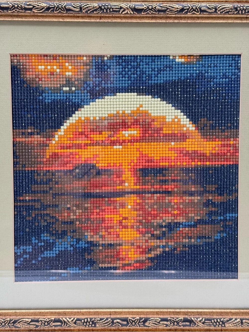 Framed Diamond Art Sunset Landscape Ornate Gold Frame Beaded Wall Decor